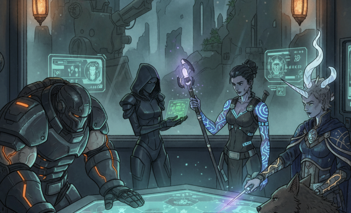 Characters for the upcoming battle role blitz campaign stand around a holo-display, planning their route.