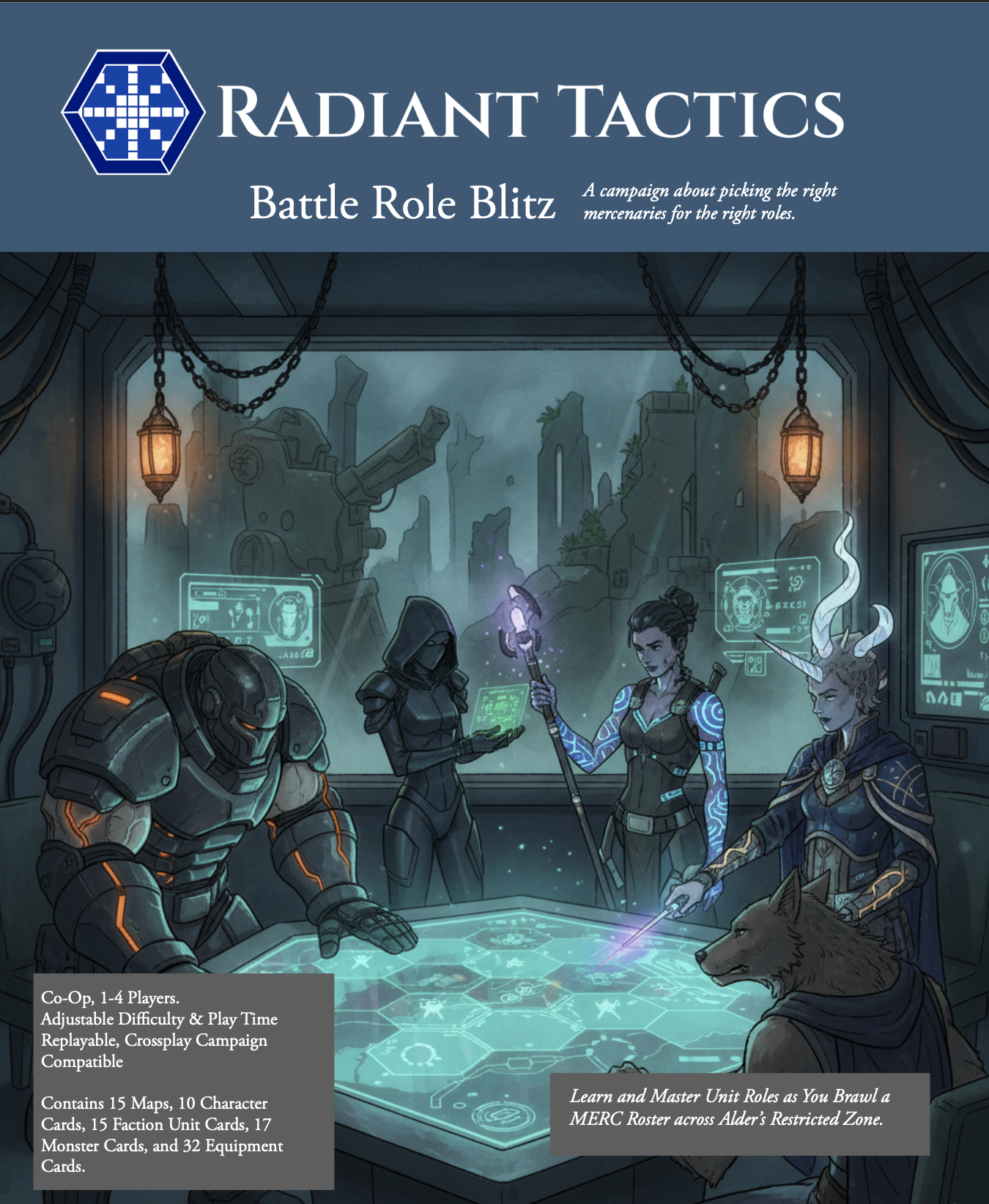 Characters for the upcoming battle role blitz campaign stand around a holo-display, planning their route.